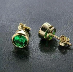 2Ct Round Cut Lab Created Emerald Bezel Stud Earrings 14k Yellow Gold Plated - Picture 1 of 4
