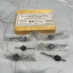 VINTAGE HSS Tapered Drill Countersink Bore & Stop Collar Set Wooden Box - Picture 1 of 6