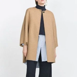 Zara Handmade Wool Blend Cape Poncho Size M Camel Tan Casual Fall Winter Chic - Picture 1 of 13