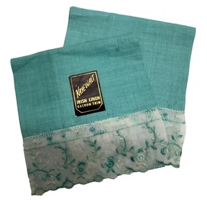 Vintage Kaye Walt Irish Linen Hand Towels Green Embroidered Trim NWT - Picture 1 of 9