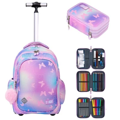 ST.Right Pink Butterflies set Zaino Trolley Grande + Astuccio 3zip Scuola
