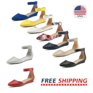Women's Ankle Strap Ladies Low Wedge Flat Shoes Pointed Toe Casual Dress Shoes - Picture 1 of 12