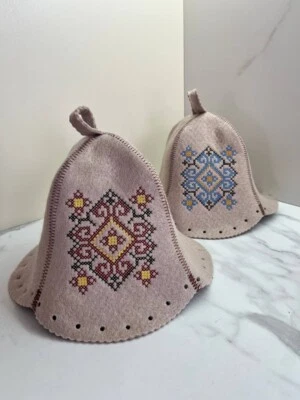 Set 2 Sauna Hat Natural Wool Felt Cap Bath House Kit Schapka Gift Saunahut - Image 1 of 4