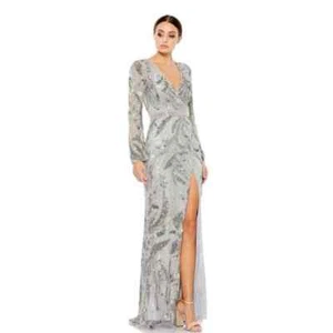 Mac Duggal PAILLETTENIMITAT WICKELSCHLITZ LANGARM KLEID Größe 4 Neu mit Etikett UVP $ 598     - Bild 1 von 15