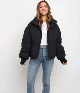 Stand Collar Zip Puffer Jacket - Black - Size Large - NWT - Picture 1 of 6