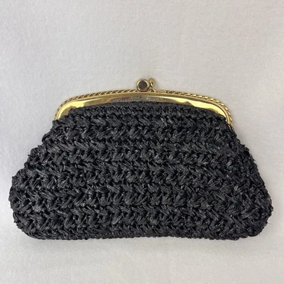Vintage Garay Black Woven Straw Purse w Gold Kiss Clasp Chain Strap - Image 1 of 4