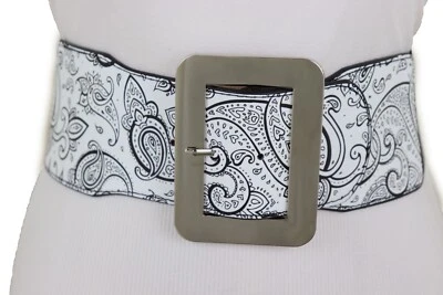 Женщин широкий белый эластичный пояс высокая талия бедра ремень черный пейсли печать S M - Изображение 1 из 4