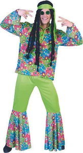 60's Men's Hippie Pant Set 3Pc Green/Neon Peace/Flower Print Pants Top & Sash - Picture 1 of 1