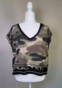 Kendall + Kylie neu ohne Etikett Large grün Camouflage doppellagiges kurzes T-Shirt - Bild 1 von 9