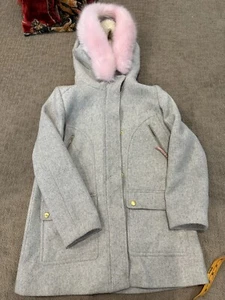 CREWCUTS GIRLS GRAY HOODED PEA COAT PINK HOOD FUR SZ 12 - Picture 1 of 10