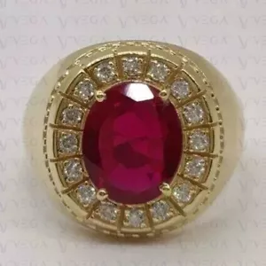 8.50Ct Oval Cut Natural Red Ruby & Diamond Men's Ring 18k Yellow Gold Plated - Picture 1 of 12