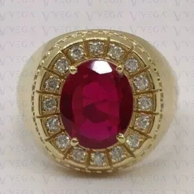 8.50Ct Oval Cut Natural Red Ruby & Diamond Men's Ring 18k Yellow Gold Plated - Image 1 of 4