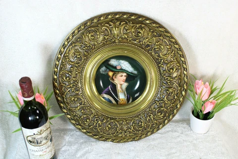 Antique metal relief wall plaque porcelain hand paint portrait plate Cover