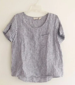 Christian Siriano Leinen gestreiftes Oberteil Damen M grau Kurzarm Pullover Tee - Bild 1 von 7