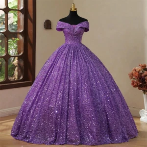 Vestidos de quinceañera púrpura con hombros descubiertos lentejuelas sin espalda plisados vestidos de graduación nuevos - Imagen 1 de 7