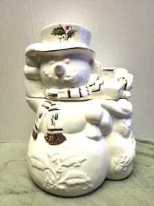 Home for The Holidays Handpainted White w/Gold Trim Holly Snowman Cookie Jar NEW - Picture 1 of 5