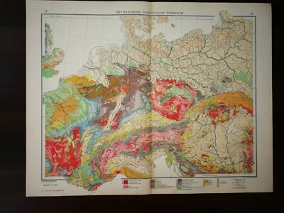 DOUBLE-PAGE MAP-CENTRAL EUROPE- GEOLOGICAL MAP, ANDREE GREAT WORLD ATLAS- 1914 - Image 1 of 2