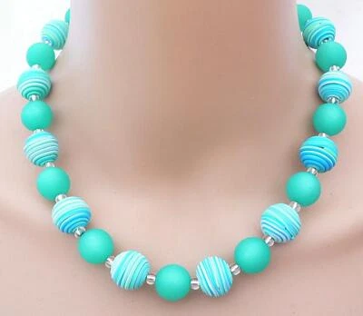 Halskette Kette Fimo Perlen Spirale gewickelt mehrfarbig blau türkis aqua  447o - Bild 1 von 4