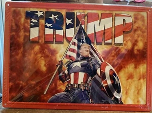 Cartel de pared de lata de metal Donald Trump del Capitán América sosteniendo la bandera de Estados Unidos 17""x12 - Imagen 1 de 1