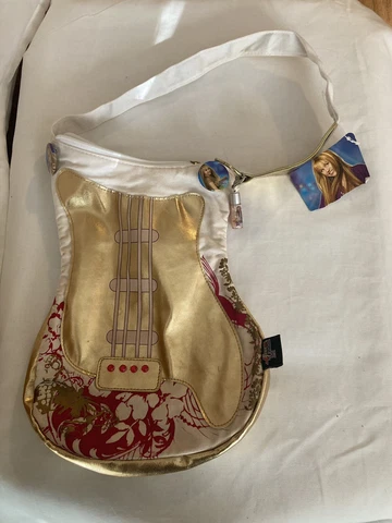 NWT Disney Hannah Montana Miley Cyrus Purse Guitar Purse Bag w Pins Lip Gloss Cover