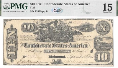 T-29 1861 $10 Confederate SILVER PLUS Fricke Sticker Superior Note PMG Fine 15 - Image 1 of 4