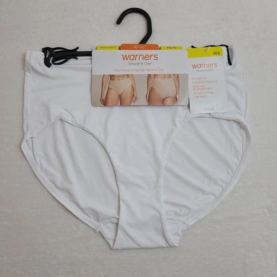 Warners Smooth It Over Silky Nylon Hi-cut Bikini Panty Size M White - Image 1 of 4