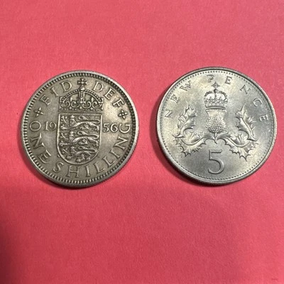 Great Britain 1956 Shilling & 1970 5 Pence Coins Nice problem free coins. - Image 1 of 4