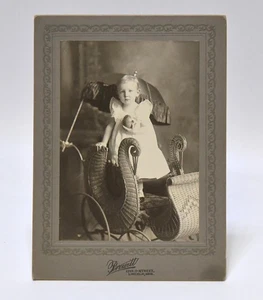 VINTAGE PHOTOGRAPH OF CHILD GIRL IN WICKER STROLLER PREWITT PHOTO LINCOLN NEB - Picture 1 of 5