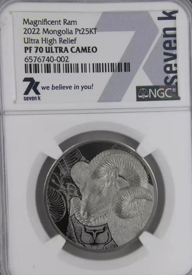 2022 MONGOLIA PLATINUM 25KT NGC PF-70 U-CAM ULTRA HIGH RELIEF MAGNIFICENT RAM - Image 1 of 2