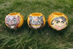 3 Halloween Paper Mache/Ceramic Pumpkins Witch/Cat/ Devil Jack O Lanterns Rare - Picture 1 of 20