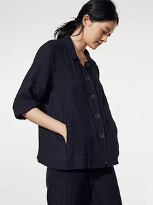 NWT EILEEN FISHER $218 3X Classic Collar Button Front Jacket Puckered Linen Ink - Picture 1 of 14