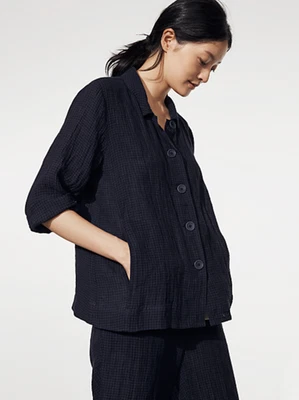 NWT EILEEN FISHER $218 3X Classic Collar Button Front Jacket Puckered Linen Ink - Image 1 of 4