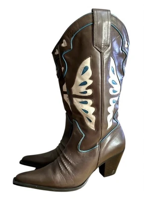 Vtg 90s Nine West Butterfly Hearts Boots Western Style Pointy Toe Cowgirl Sz 8.5 - Image 1 of 4