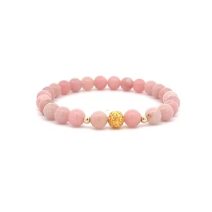 18K Gold Money Ball Lucky Charm Beads Bracelet Gemstones Pink Opal 6mm - Picture 1 of 4