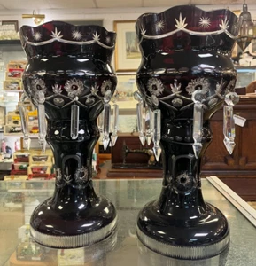 Two Antique Victorian Dark Ruby Red Glass Lustres - Picture 1 of 10