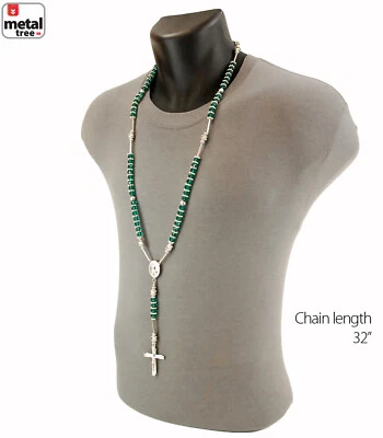 Silver Plated Praying Hands & Cross 8mm Rosary Necklace with Green Beads SGN - Image 1 of 4
