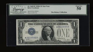DBR 1928-A $1 Silver Funnyback STAR Fr. 1601* Legacy AU-50 Serial *26118989A - Picture 1 of 2