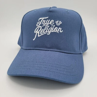 Gorra de béisbol True Religion con cierre a presión azul blanco herradura logotipo de Buda con escritura Foto 1 de 4
