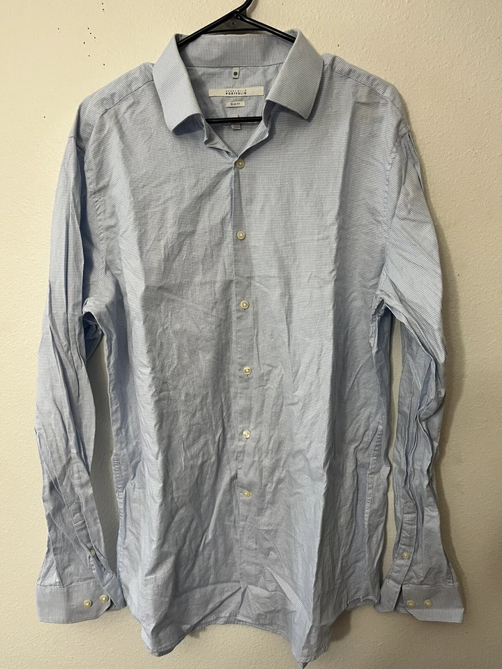 Perry Ellis Portfolio Mens Slim Fit Long Sleeve Shirt Blue Check 17 36/37 - Image 1 of 4