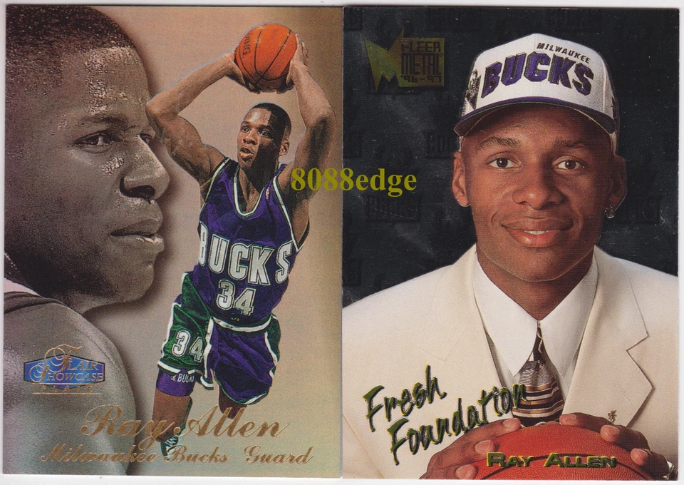 (2)1997-98 FLAIR ROW 3 +96-97 METAL ROOKIE: RAY ALLEN #136 #37 BUCKS RC CARD LOT - image 1 of 1