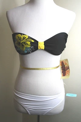 NWT ~ HOBIE CHEEKY GAL APPAREL BANDEAU BIKINI FLORAL BLACK WHITE YELLOW Sz S * - Image 1 of 4