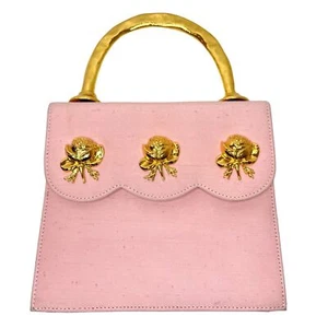 Vintage EDOUARD RAMBAUD Paris Handbag France Pink w/ Gold Handle Rose Detail - Picture 1 of 12