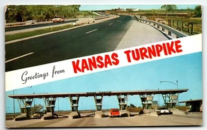 Greetings from Kansas Turnpike Banner Chrome Postcard Tollbooth Old Cars PM 1960 - Picture 1 of 2