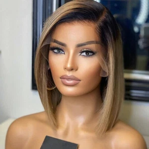 Remy Human Hair Wig 13x4 Lace Frontal Bob Wig Ombre Color 12"Bob Wig Pre Plucked - Picture 1 of 12
