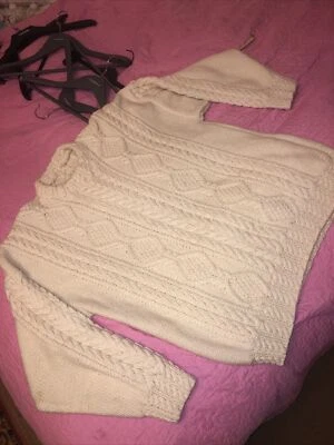 VINTAGE BRITISH Aran 100% Wool Cream Jumper FAIRISLE HANDKNIT L UK 14-16-18 - Image 1 of 4