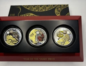Rwanda 2013 Year of the Snake 3 Coins W/ Pave Gems & 24 g Silver. Only 1888 made - Picture 1 of 21