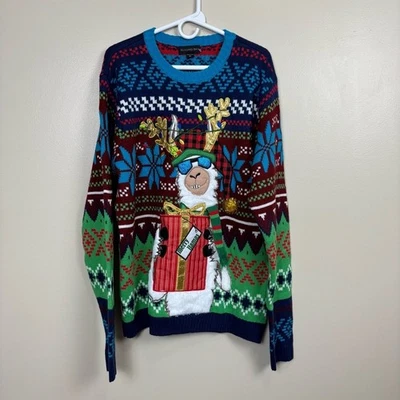 Blizzard Bay Sweater Men XL Blue Green Merry Llama Drink Pocket Ugly Christmas - Image 1 of 4