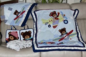 Lambs and Ivy Airplane Crib Blanket, Sheet, Valence and Wall Art Bedding Set