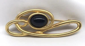 Vintage M Jent Goldtone Swirl Statement Brooch w/ Black Stone - Picture 1 of 5