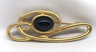 Vintage M Jent Goldtone Swirl Statement Brooch w/ Black Stone - Image 1 of 4